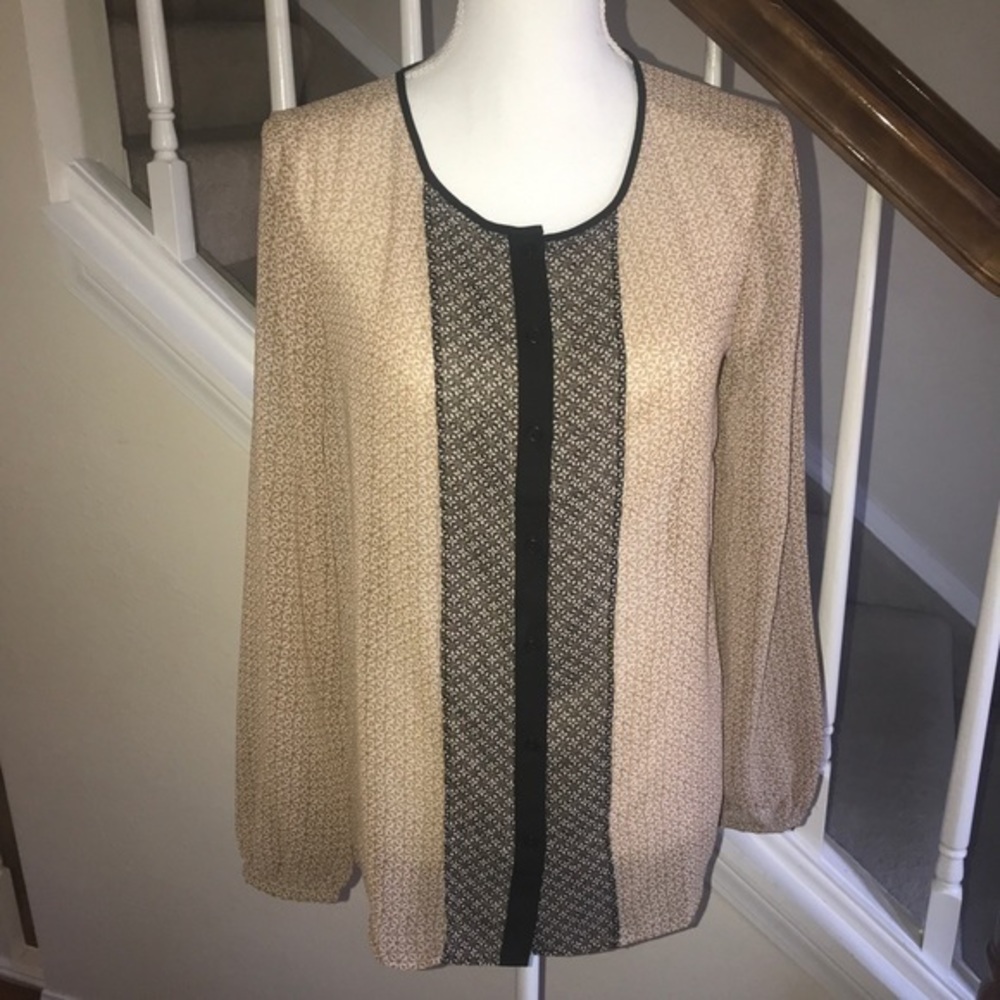 LOFT tan black sheer long sleeve‎ button down top